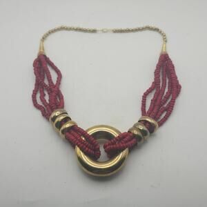 Red Multi Strand Beaded Statement Necklace Gold Tone‎ Donut Pendant Boho Bib